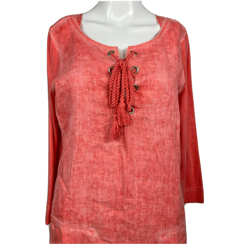 Sandwich Dress Womens Sz 38 M Coral Orange Linen Shift Laced Collar Long Sleeve - Picture 2 of 14